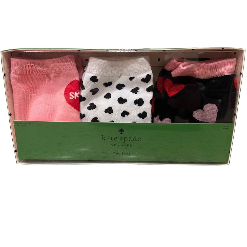 New! Valentine’s Kate Spade Crew Socks set of 3 Hearts White Pink Red